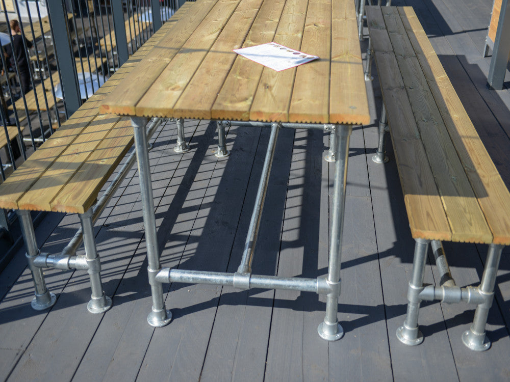 Outdoor steel section furniture made from key clamps and timber