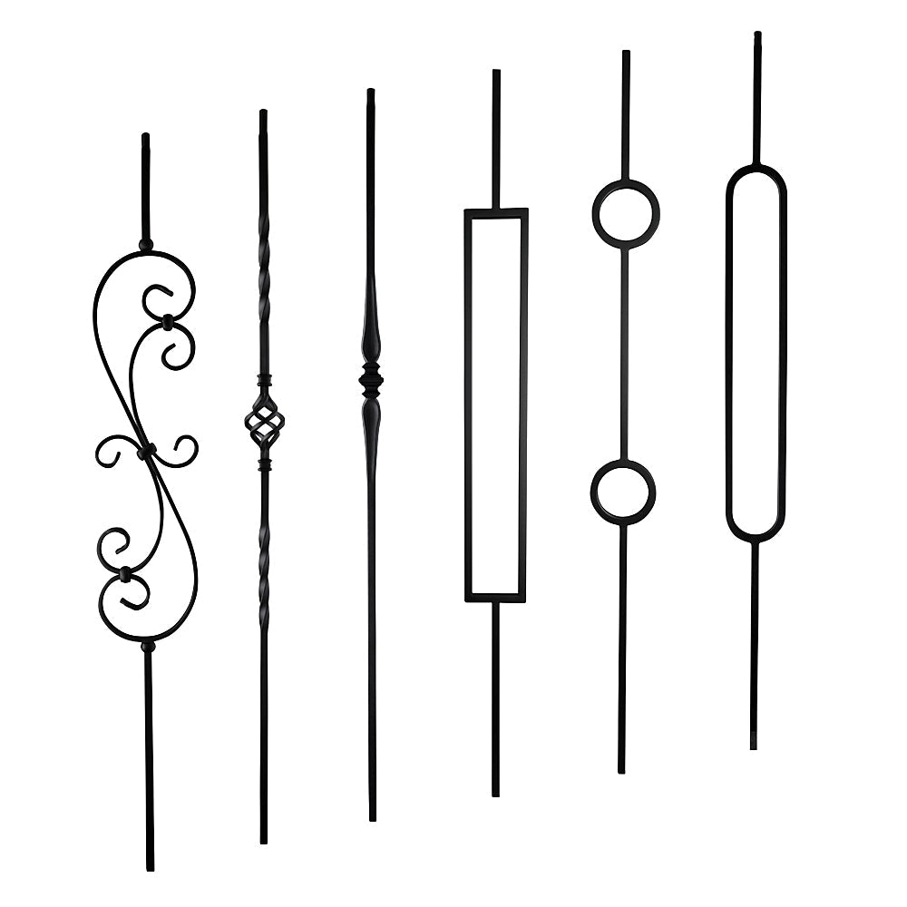 display of different metal stair spindles available from DC Iron UK
